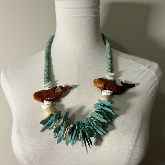 Vintage Tropical Necklace Turquoise Wood Like Beads  western nautical boho - Picture 3 of 5